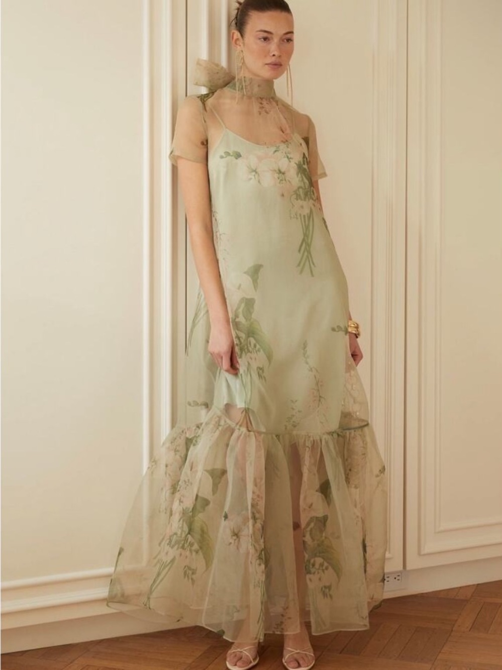 NWT CAARA Few Moda Melody Organza Maxi Dress in Mint Blossom.